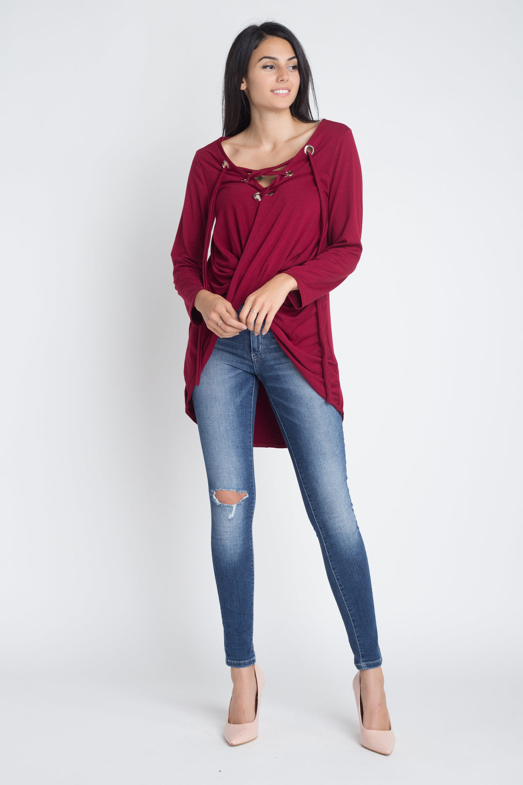 Women's Lace Up Wrap Long Sleeve Top.