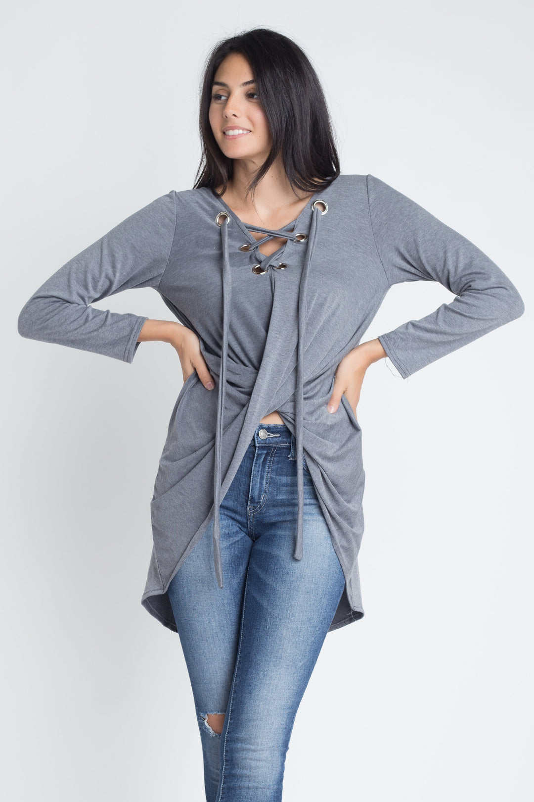 Women's Lace Up Wrap Long Sleeve Top.