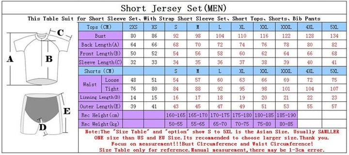 Men Shirt Breathable MTB Cycling jersey Size Chart.