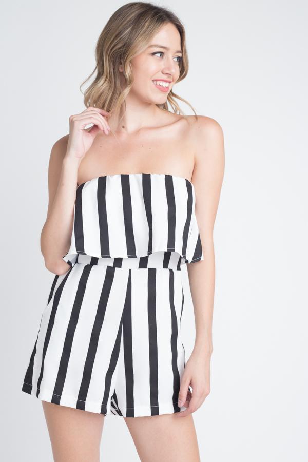 Women's Strapless Stripe Pocket Romper.