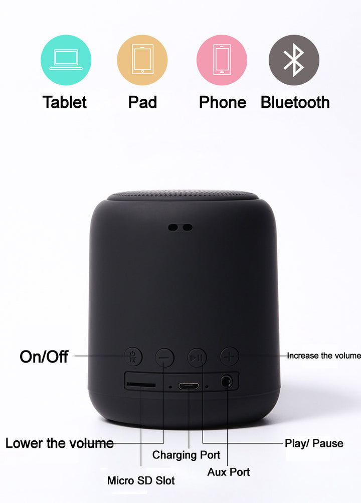 Mini portable wireless Bluetooth stereo speakers.